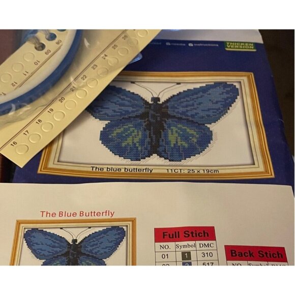 Cross Stitch Kit The Blue Butterfly Pattern 25x19cm Pre-Print 11CT Cotton Fabric - Picture 4 of 12